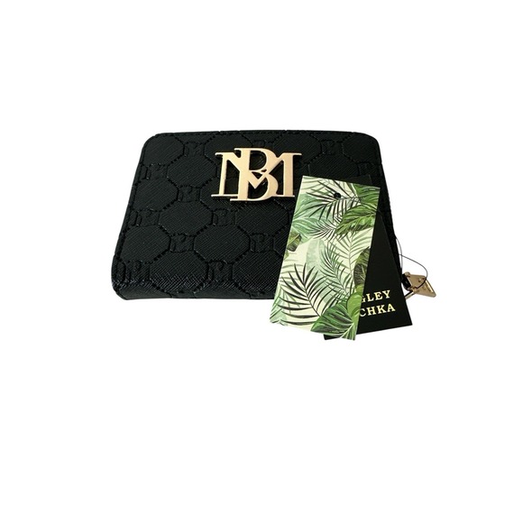 New Badgley Mischka Wallet Black Zipper Monogram Vegan Leather Glam Designer - Picture 2 of 9